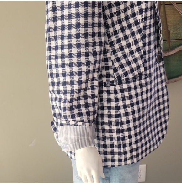 J. Crew Factory Linen Blend Navy And White Gingham Single Button Blazer - Picture 6 of 11